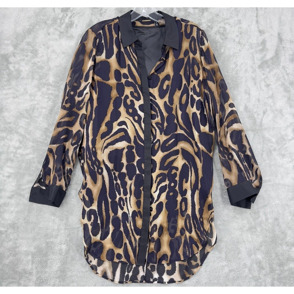Chicos Blouse Womens 1‎ US Medium Animal Print Statement Semi Sheer Button Brown
